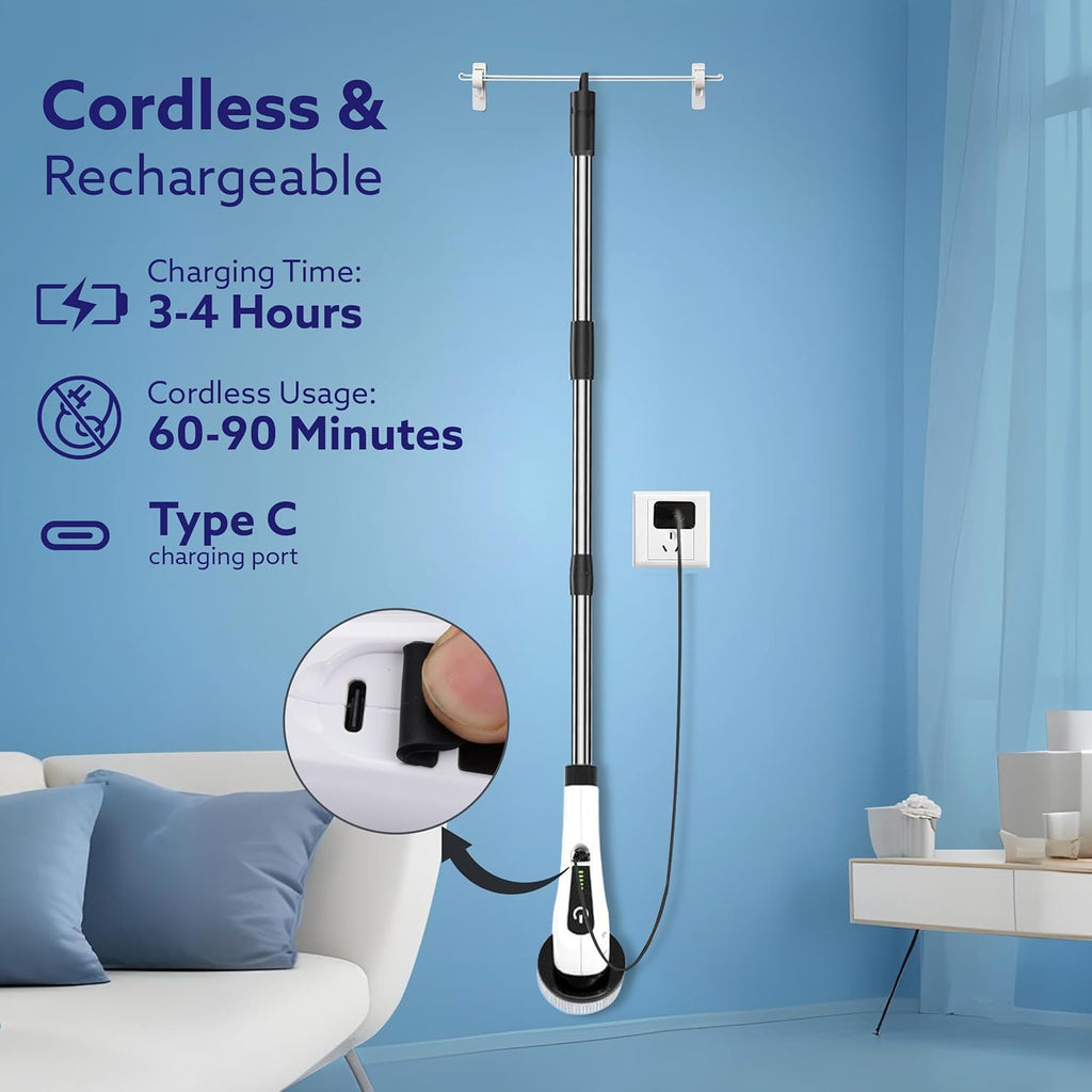 9-in-1 Cordless Electric Spin Scrubber  Brush Heads, Adjustable Handle & Dual Speed | Bathroom, Floor, Tile & Car Cleaning Brush