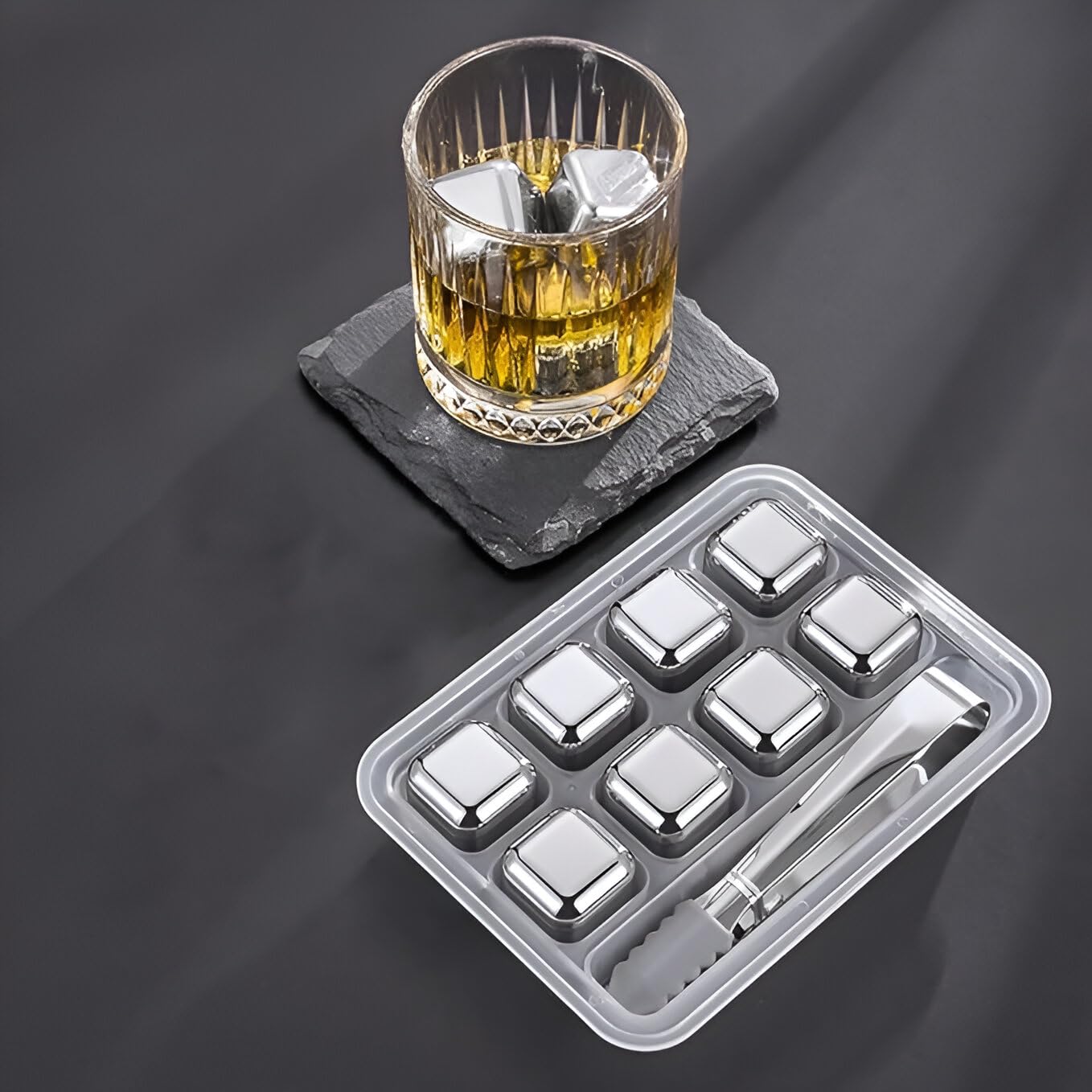 8-Pack Stainless Steel Whiskey Stones with Tongs & Storage Container