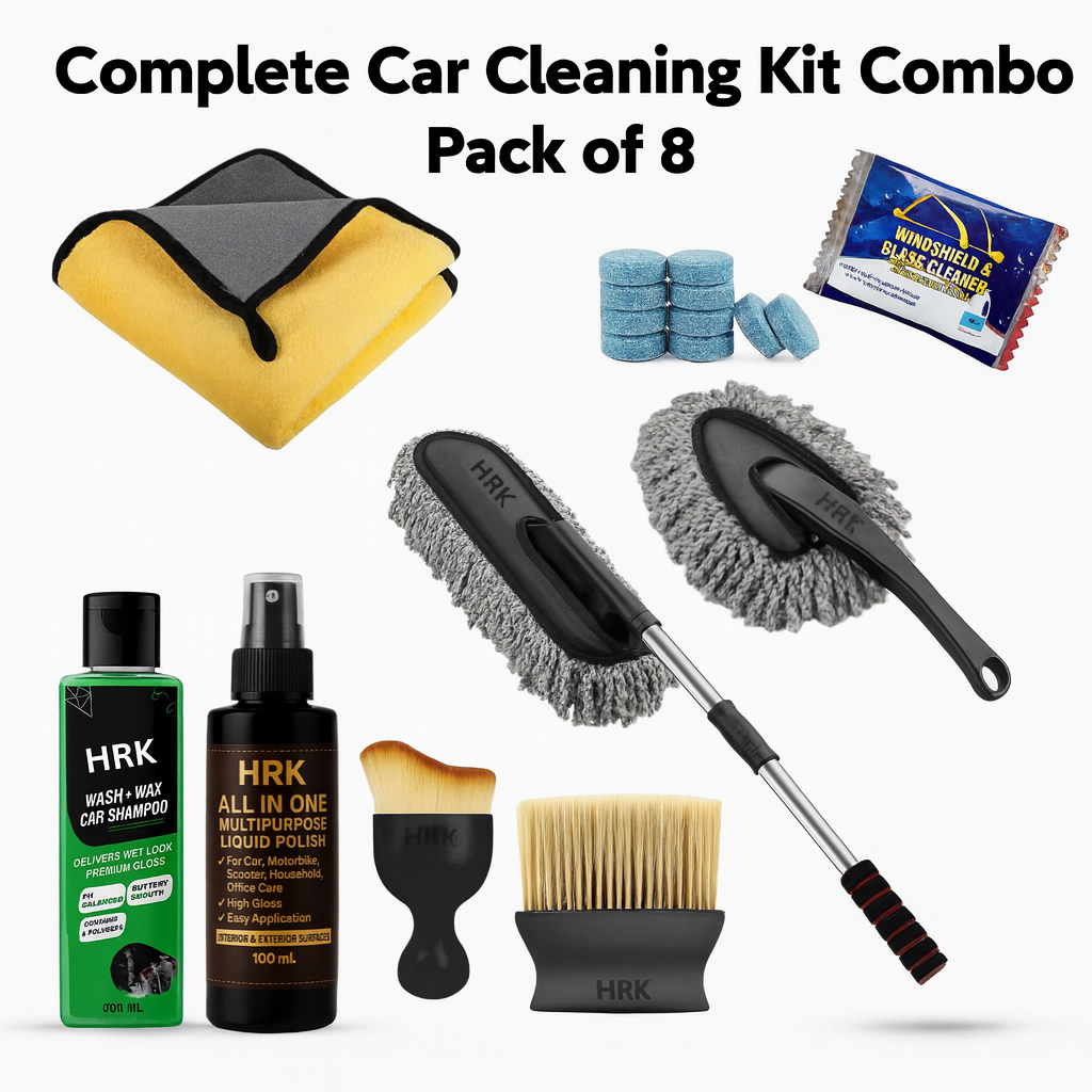 Pack of 8 Microfiber Car Duster & Complete Car Cleaning Kit – Brushes, Cloth, Polish, Shampoo & Glass Cleaning Tablets
